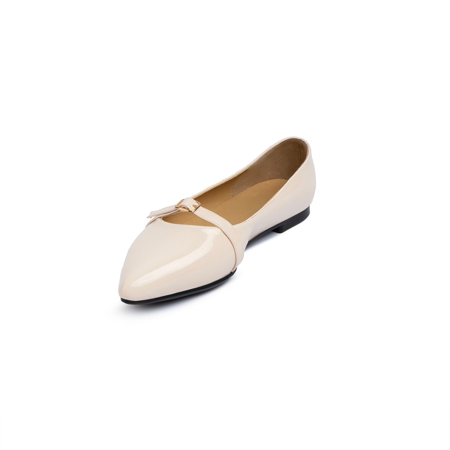 Single Buckle Strap Pointy Ballerina Glazed Leather In Beige