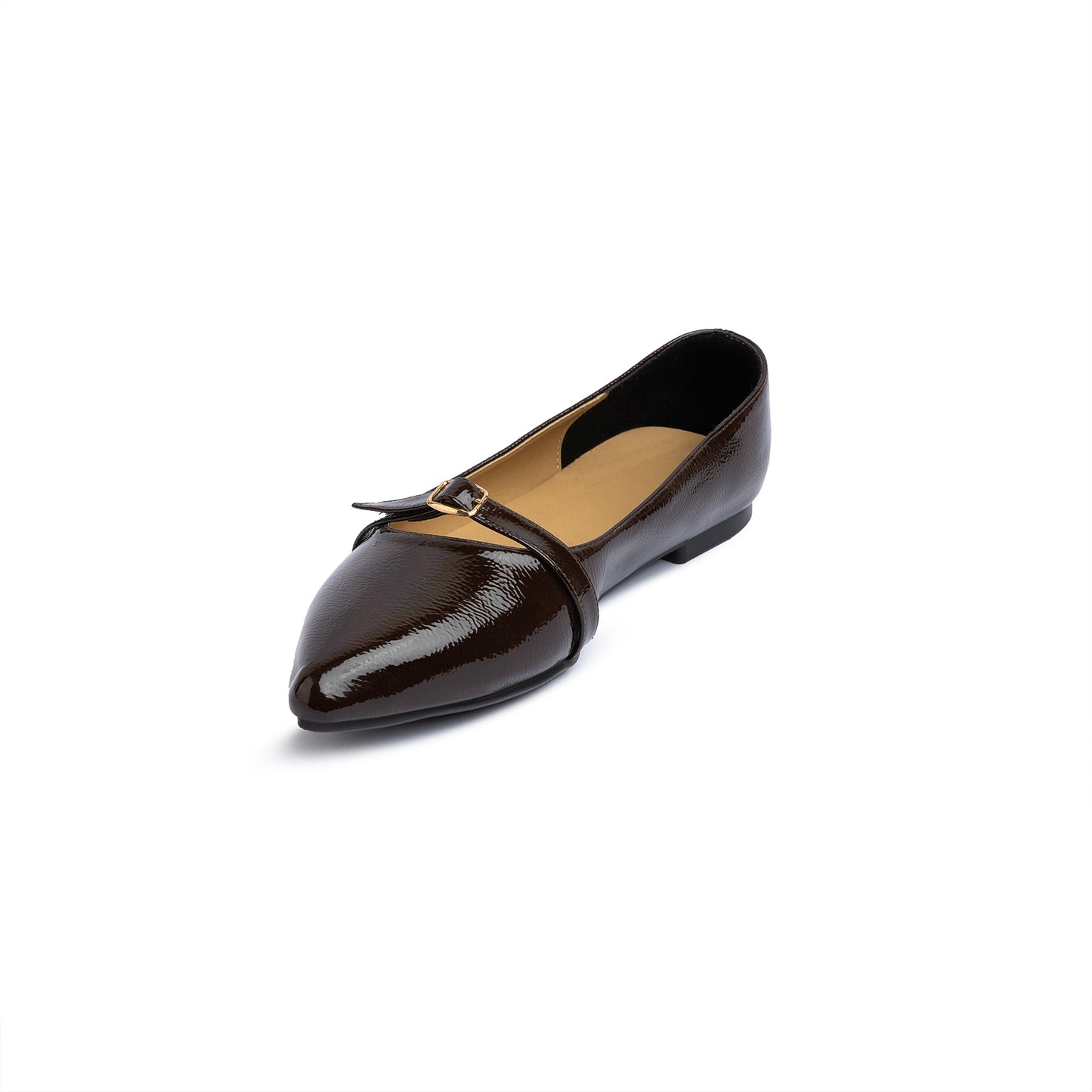 Single Buckle Strap Pointy Ballerina Glazed Leather In Brown