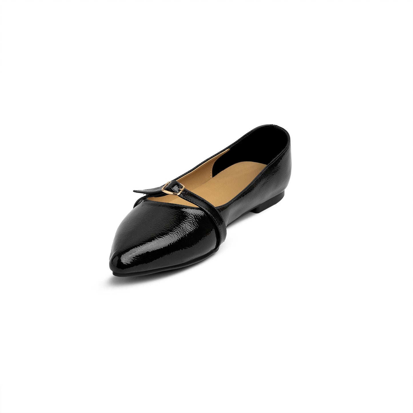 Single Buckle Strap Pointy Ballerina Glazed Leather In Black