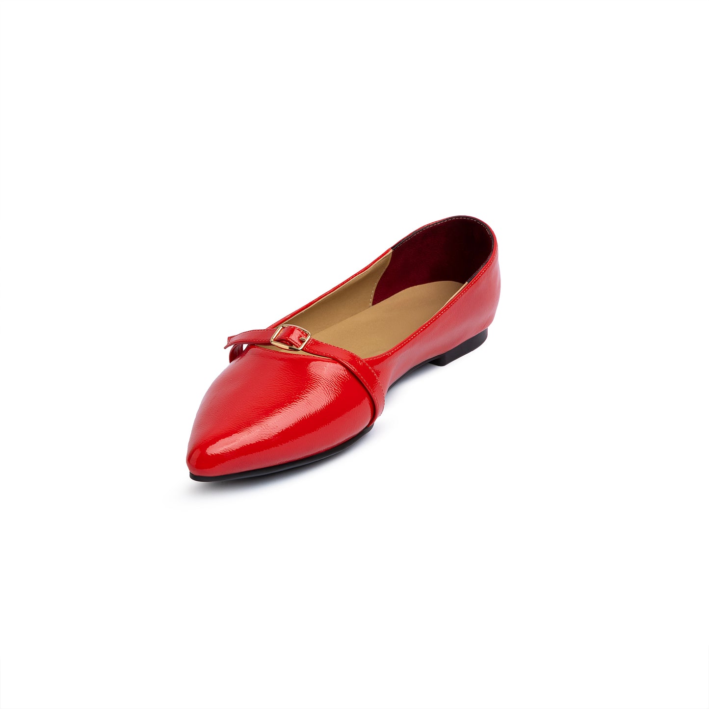 Single Buckle Strap Pointy Ballerina Glazed Leather In Red