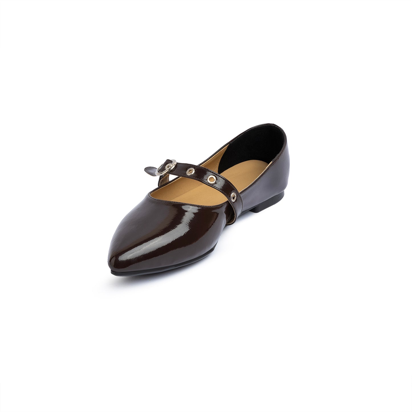 Single Grommet Strap Pointy Ballerina Vernis In Brown