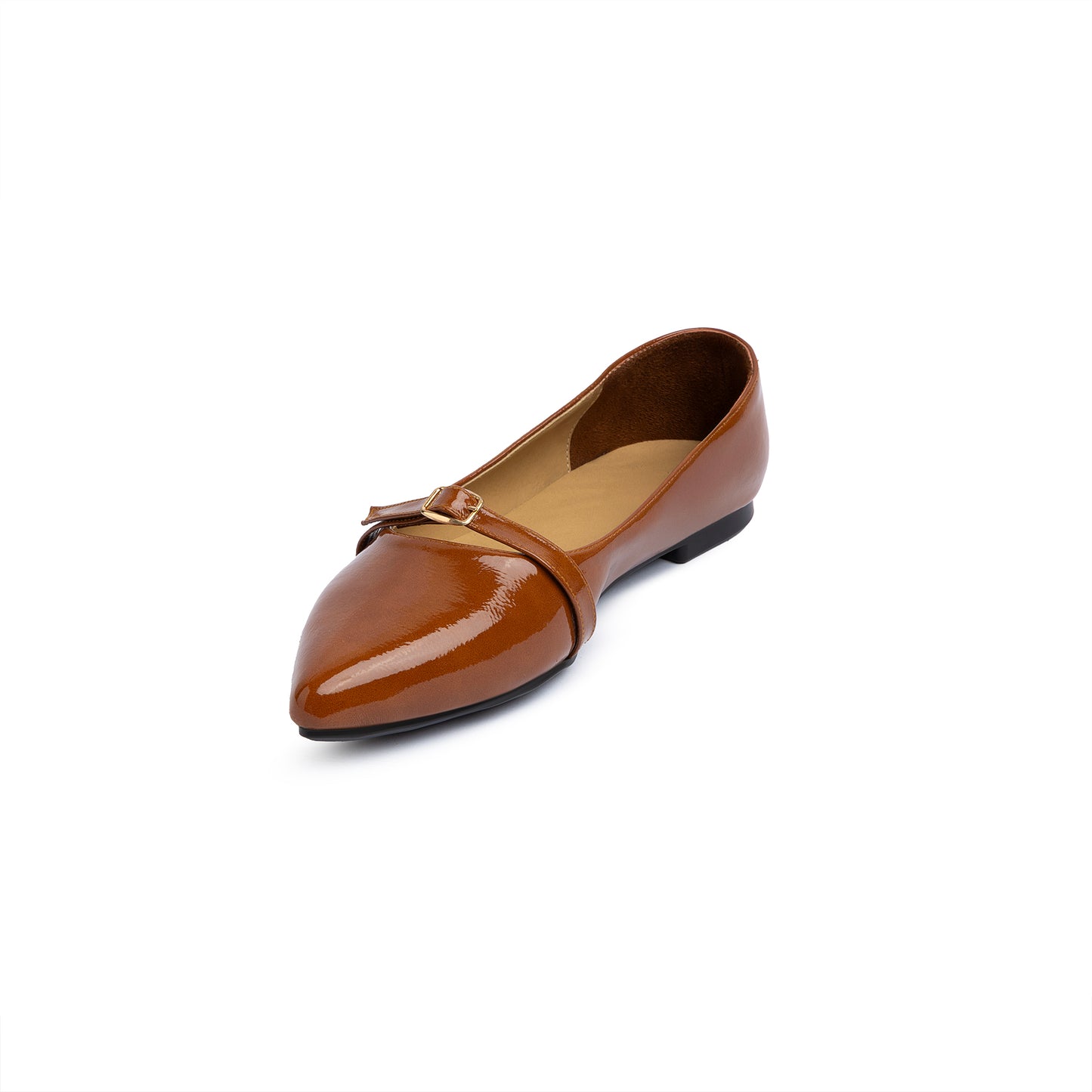Single Buckle Strap Pointy Ballerina Glazed Leather In Havane