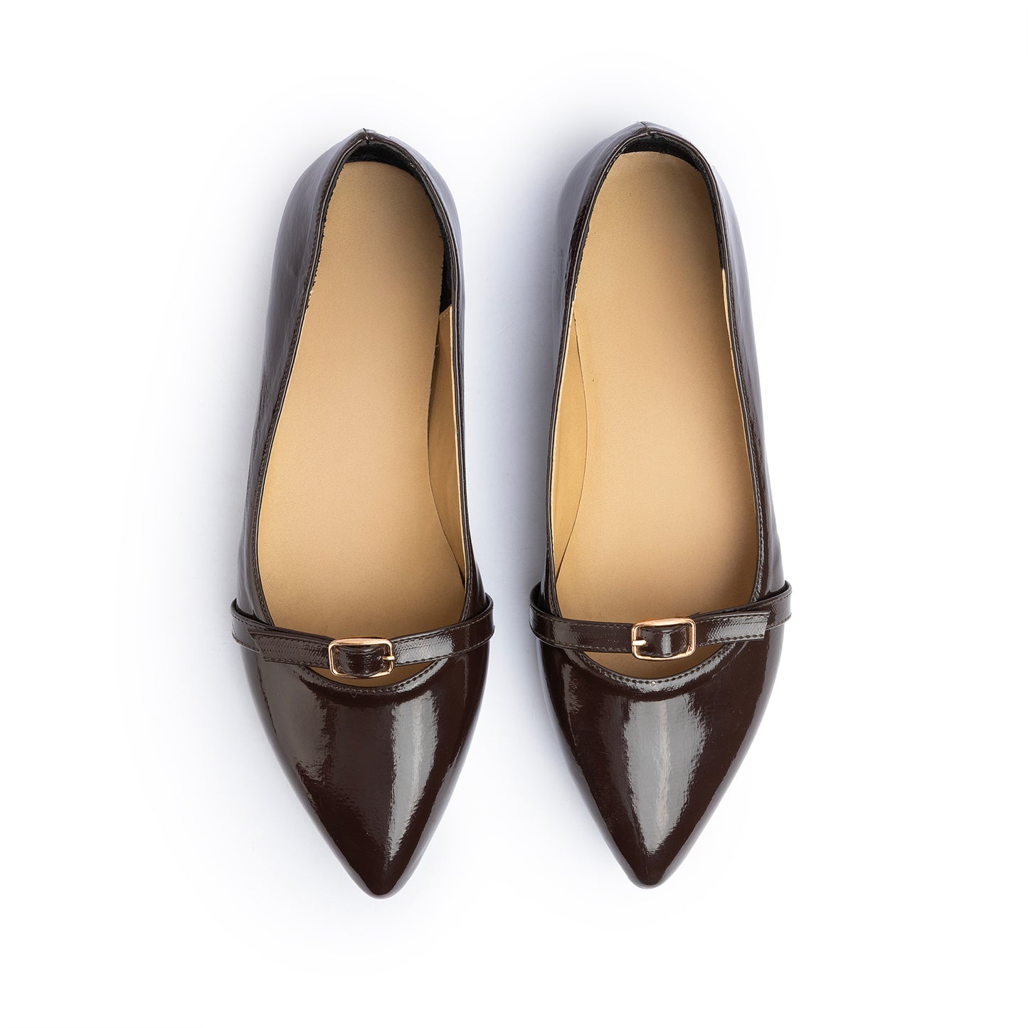 Single Buckle Strap Pointy Ballerina Vernis In Brown