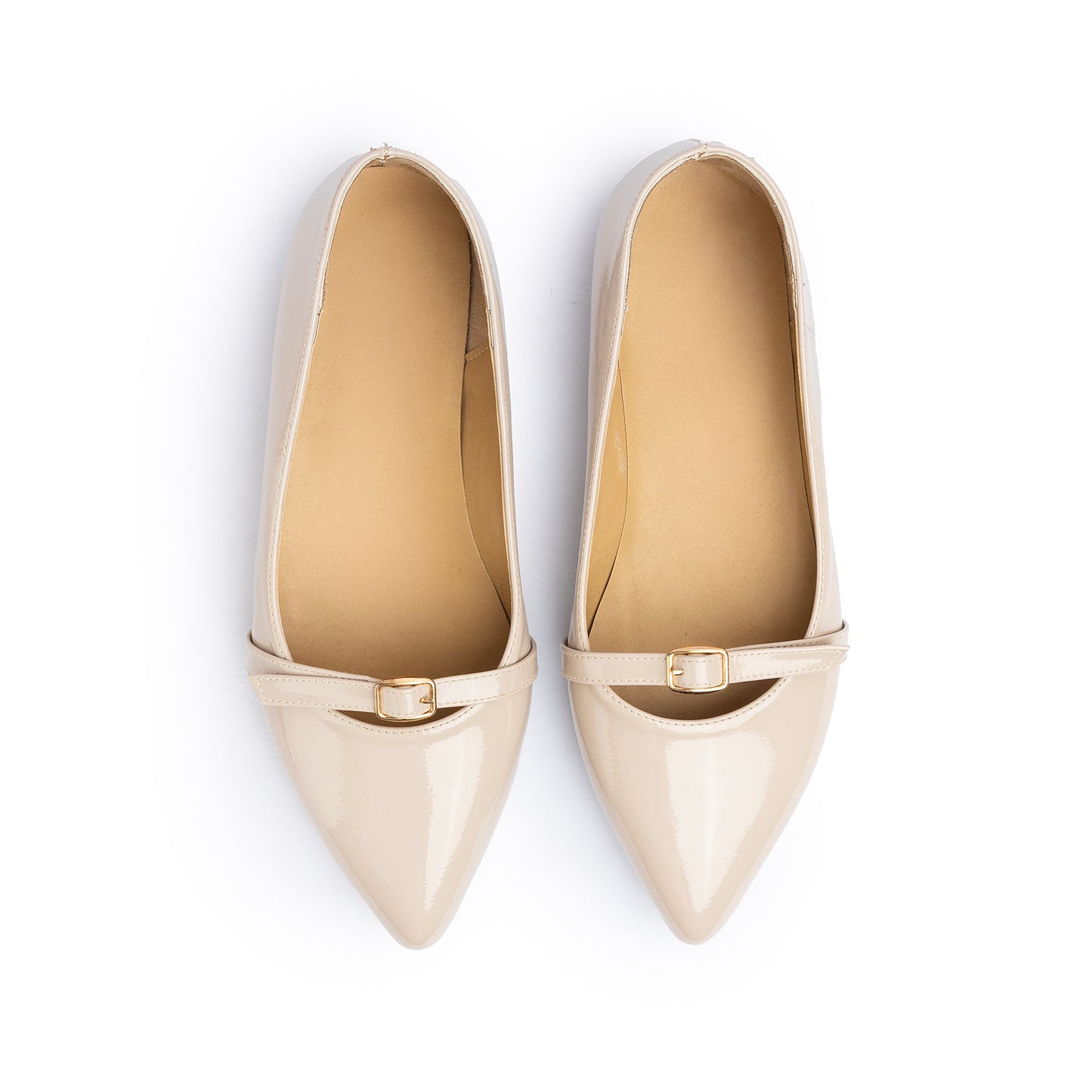 Single Buckle Strap Pointy Ballerina Glazed Leather In Beige