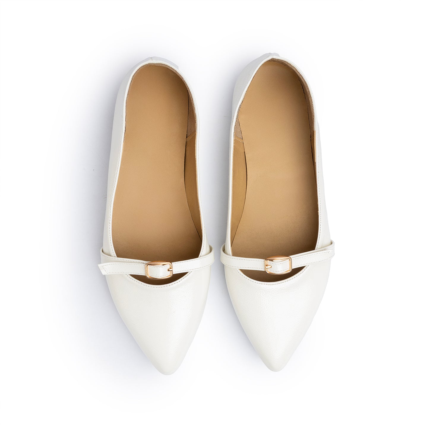 Single Buckle Strap Pointy Ballerina Glazed Leather In White