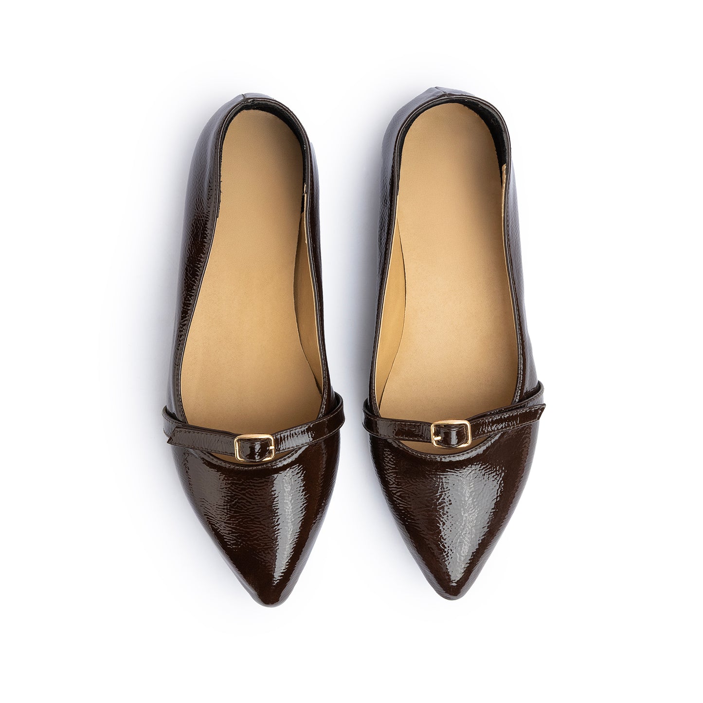 Single Buckle Strap Pointy Ballerina Glazed Leather In Brown