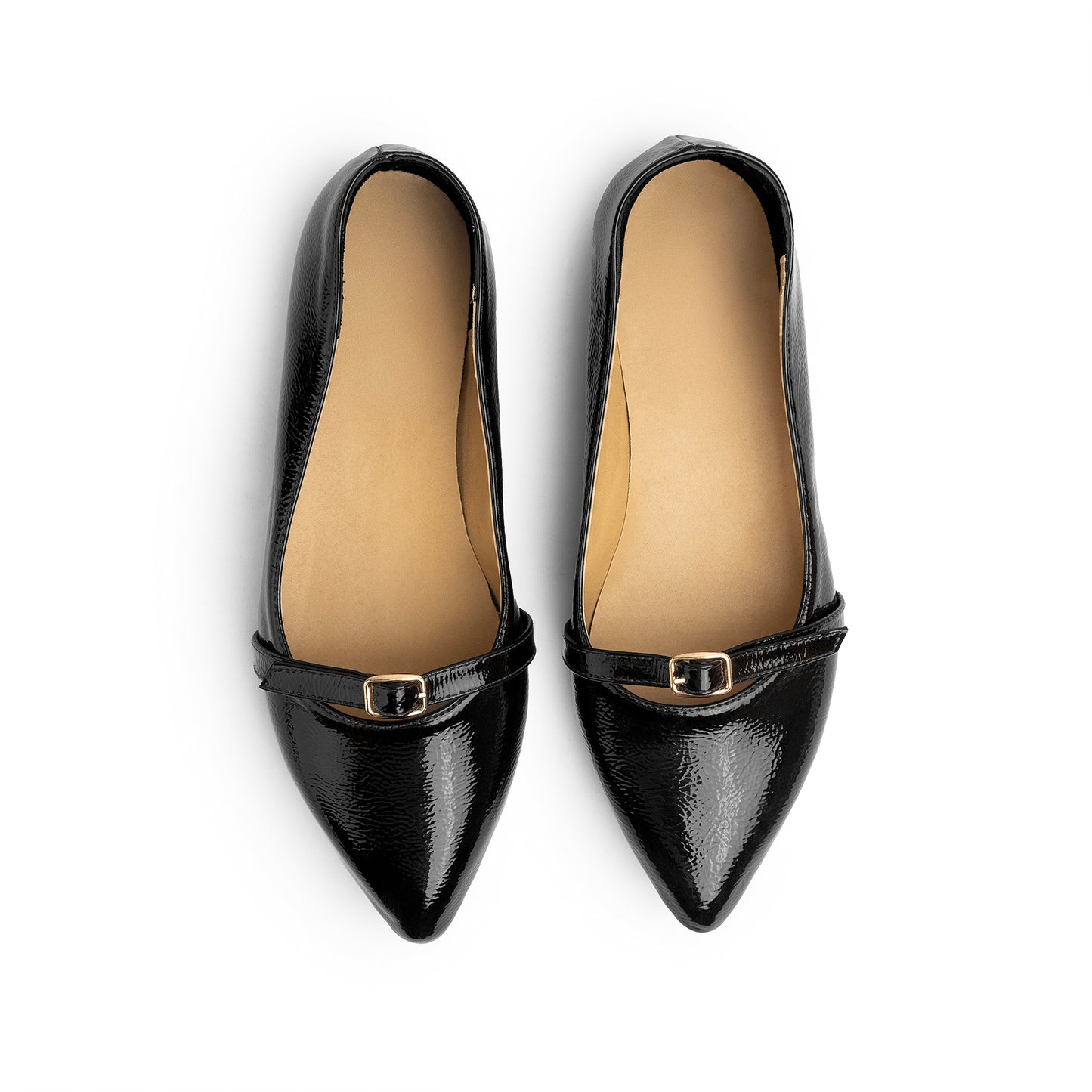 Single Buckle Strap Pointy Ballerina Glazed Leather In Black