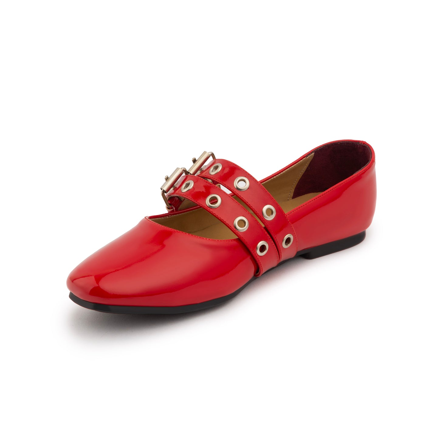 Double Belt Flat Mary Janes Vernis In Red