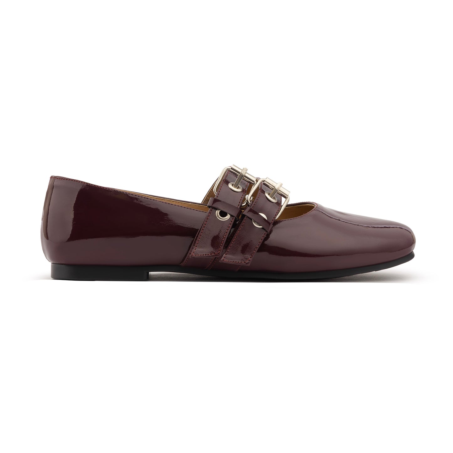 Double Belt Flat Mary Janes Vernis In Burgundy