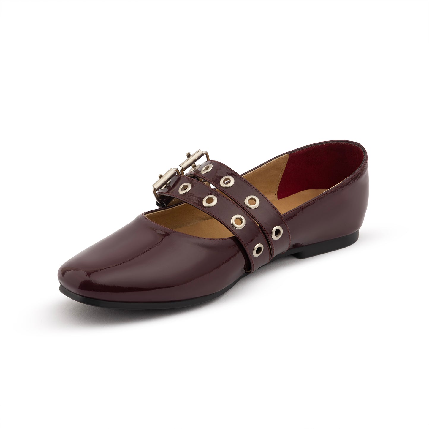 Double Belt Flat Mary Janes Vernis In Burgundy
