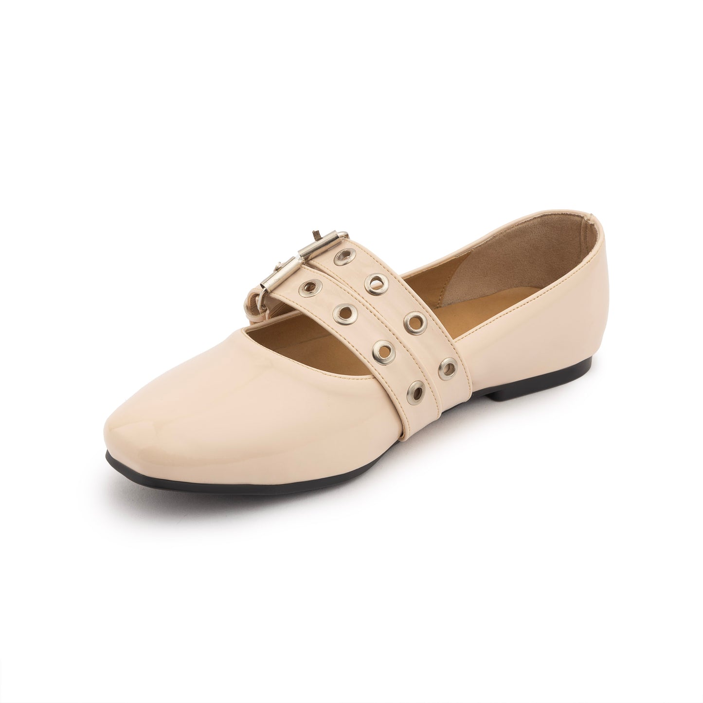 Double Belt Flat Mary Janes Vernis In Beige