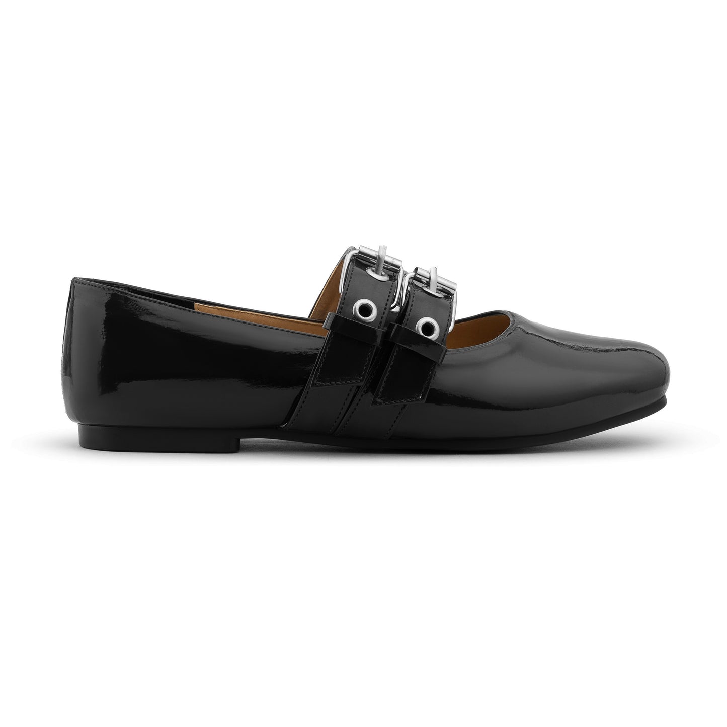 Double Belt Flat Mary Janes Vernis In Black