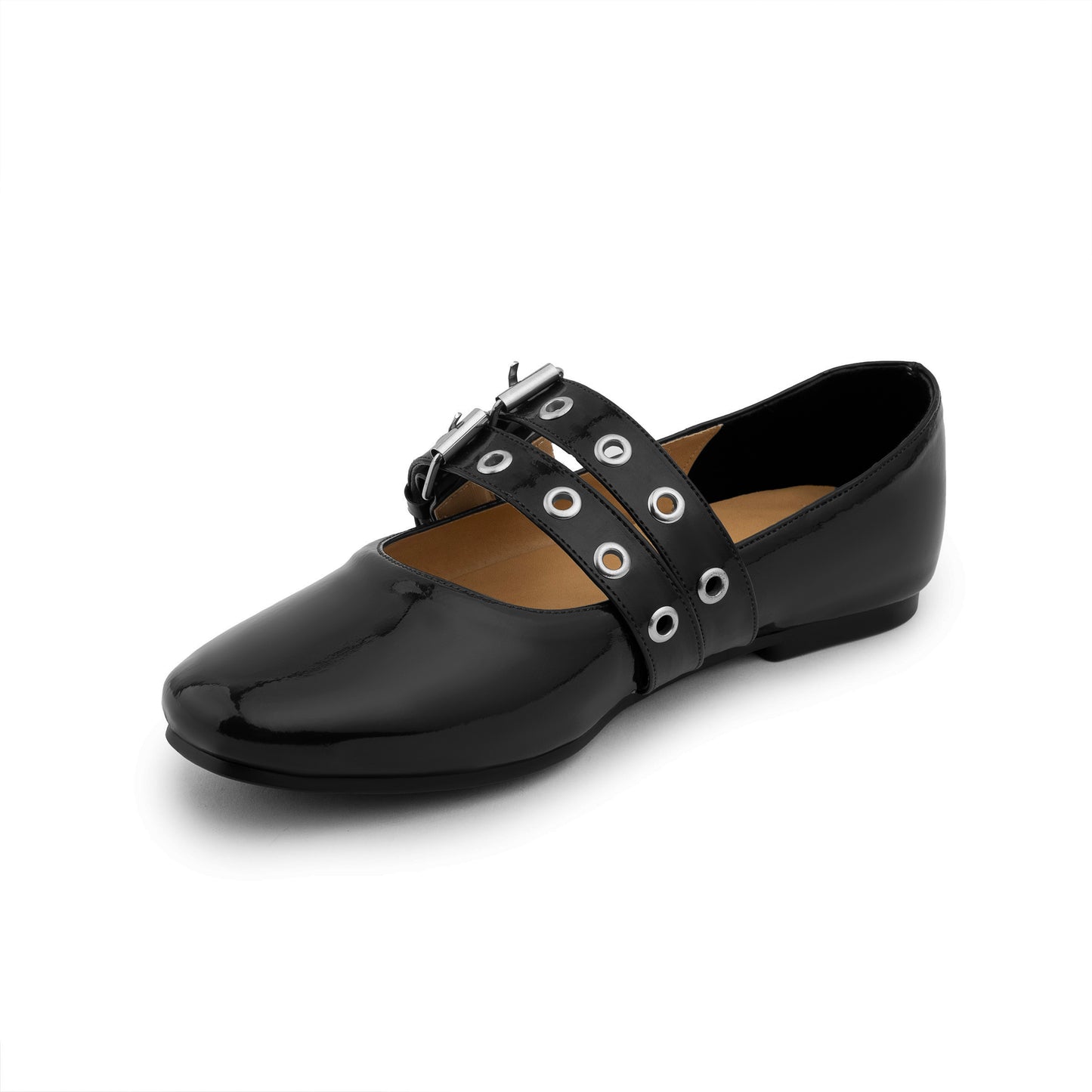 Double Belt Flat Mary Janes Vernis In Black
