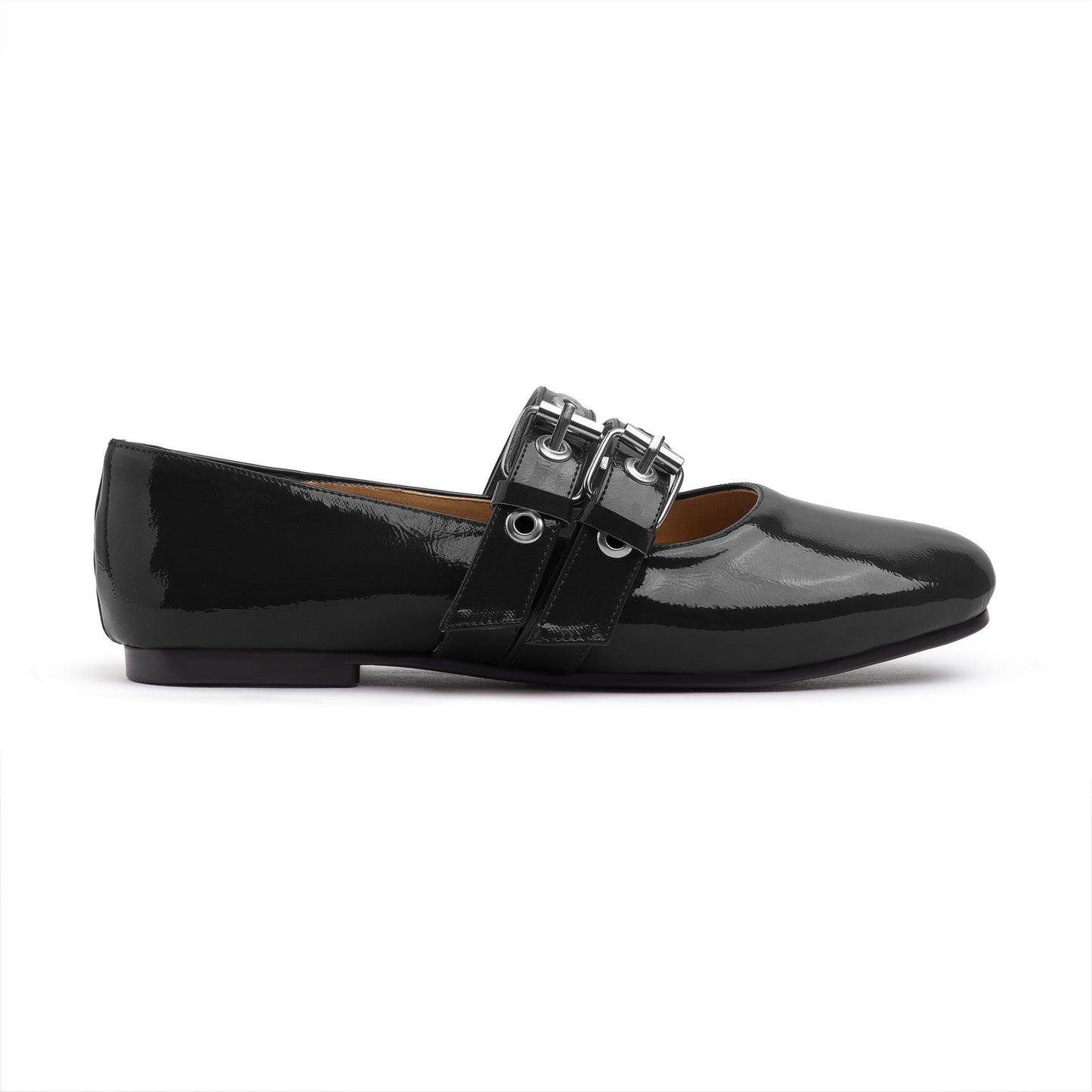 Double Belt Flat Mary Janes Glazed Leather In Black