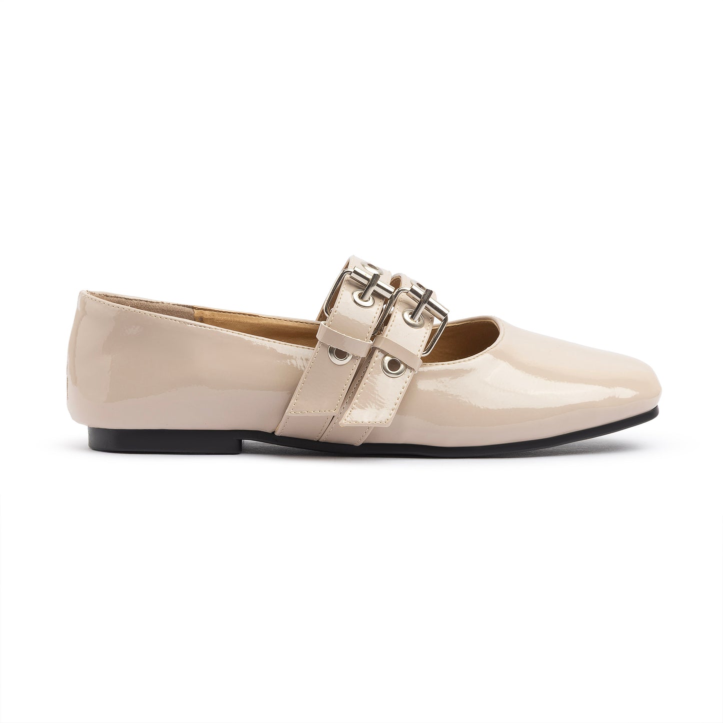Double Belt Flat Mary Janes Glazed Leather In Beige