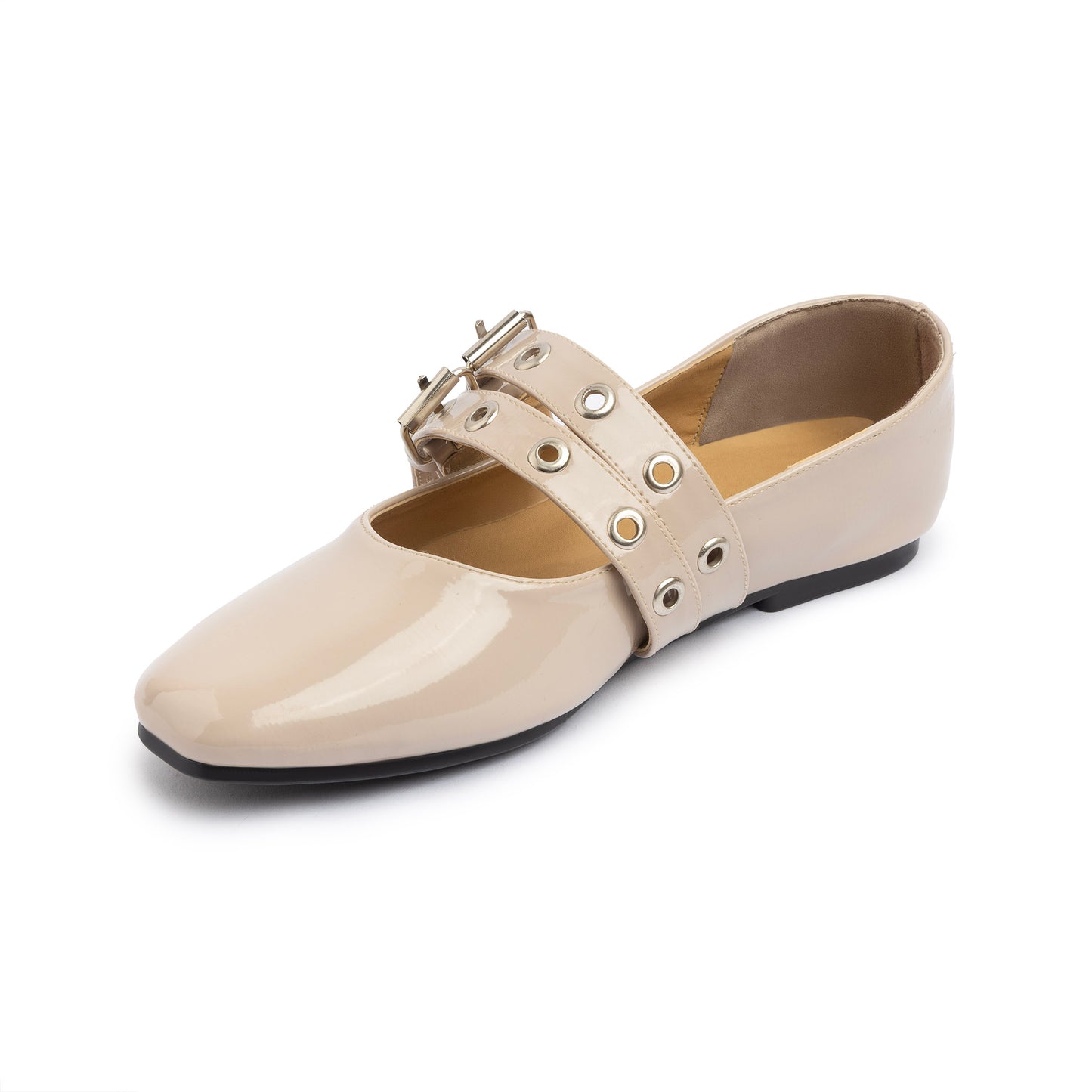 Double Belt Flat Mary Janes Glazed Leather In Beige