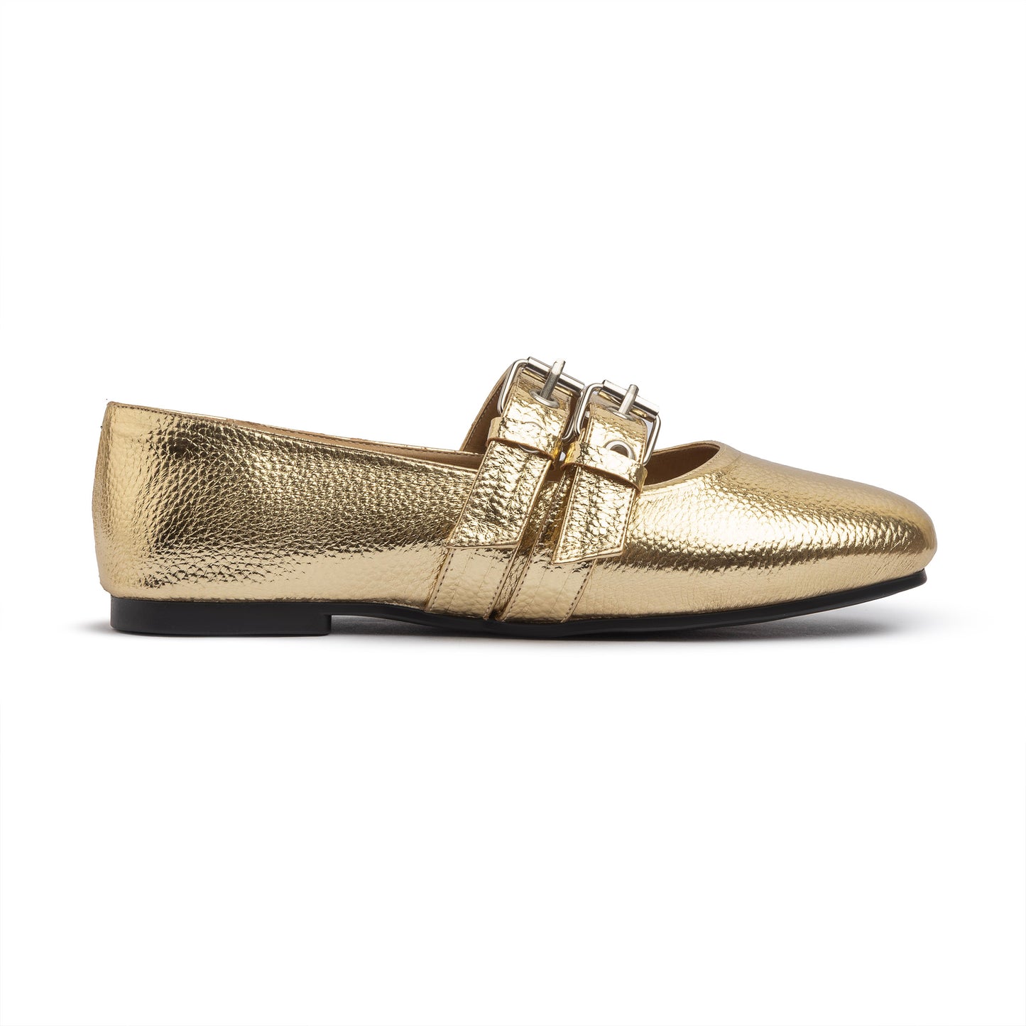 Double Belt Flat Mary Janes Pebbled Metallic In Gold