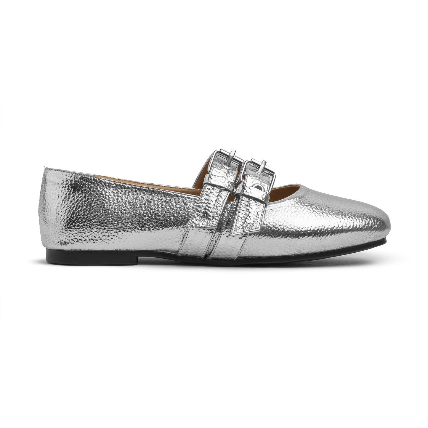Double Belt Flat Mary Janes Pebbled Metallic In Silver