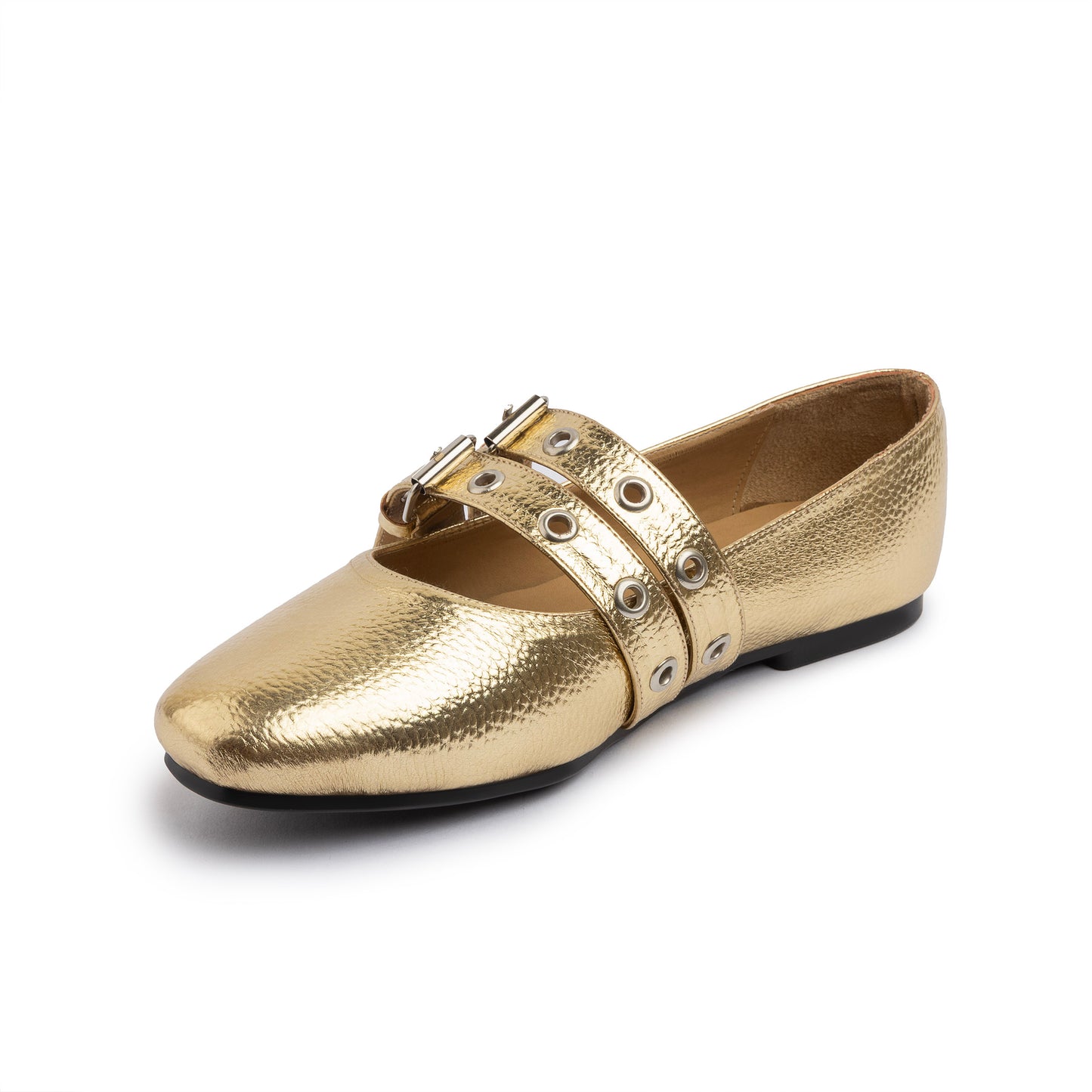 Double Belt Flat Mary Janes Pebbled Metallic In Gold