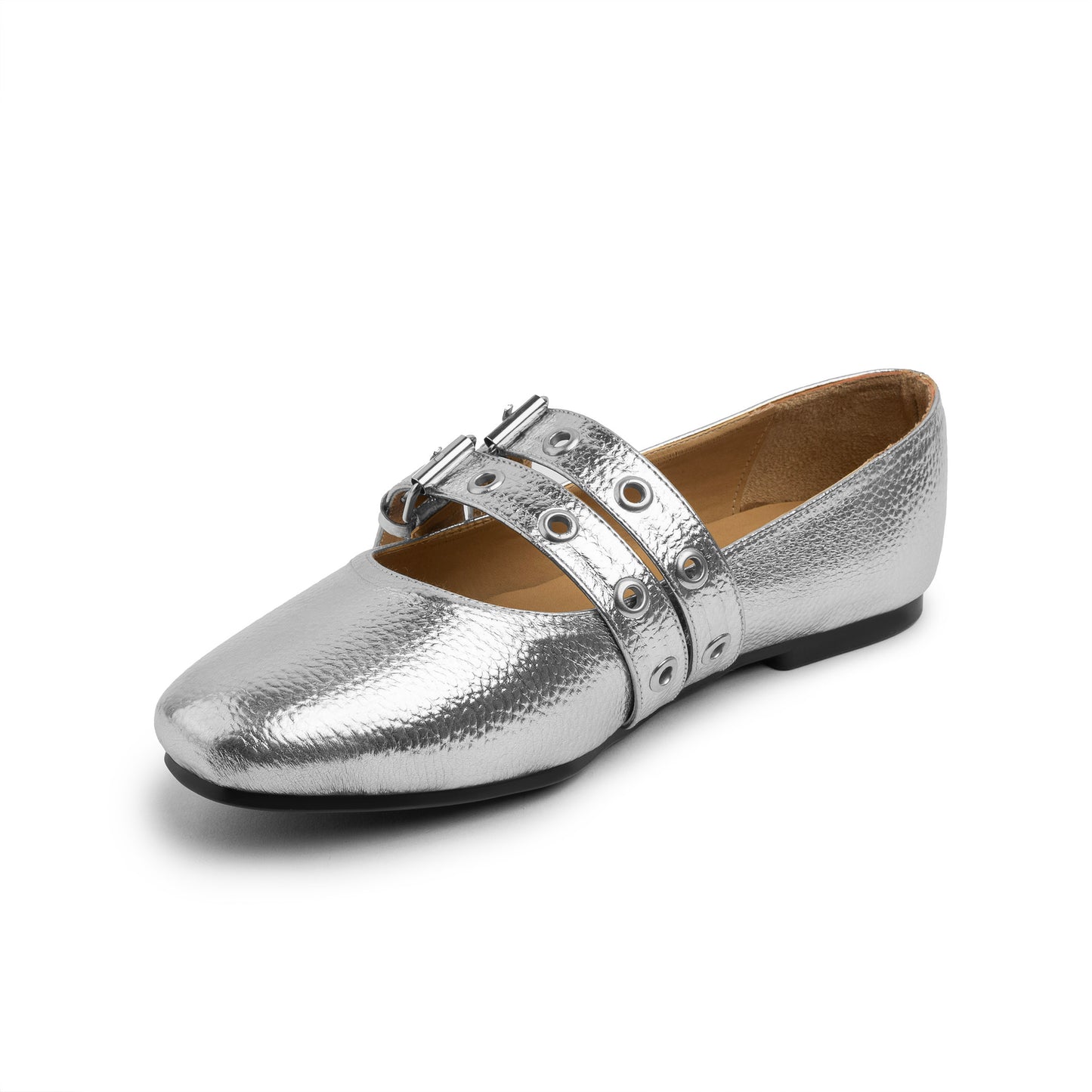Double Belt Flat Mary Janes Pebbled Metallic In Silver