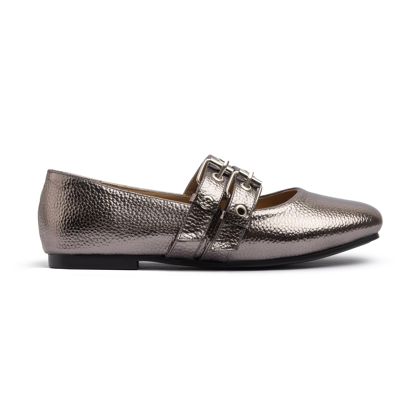 Double Belt Flat Mary Janes Pebbled Metallic In Oxide