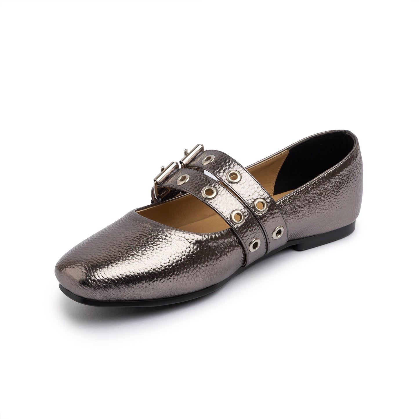 Double Belt Flat Mary Janes Pebbled Metallic In Oxide