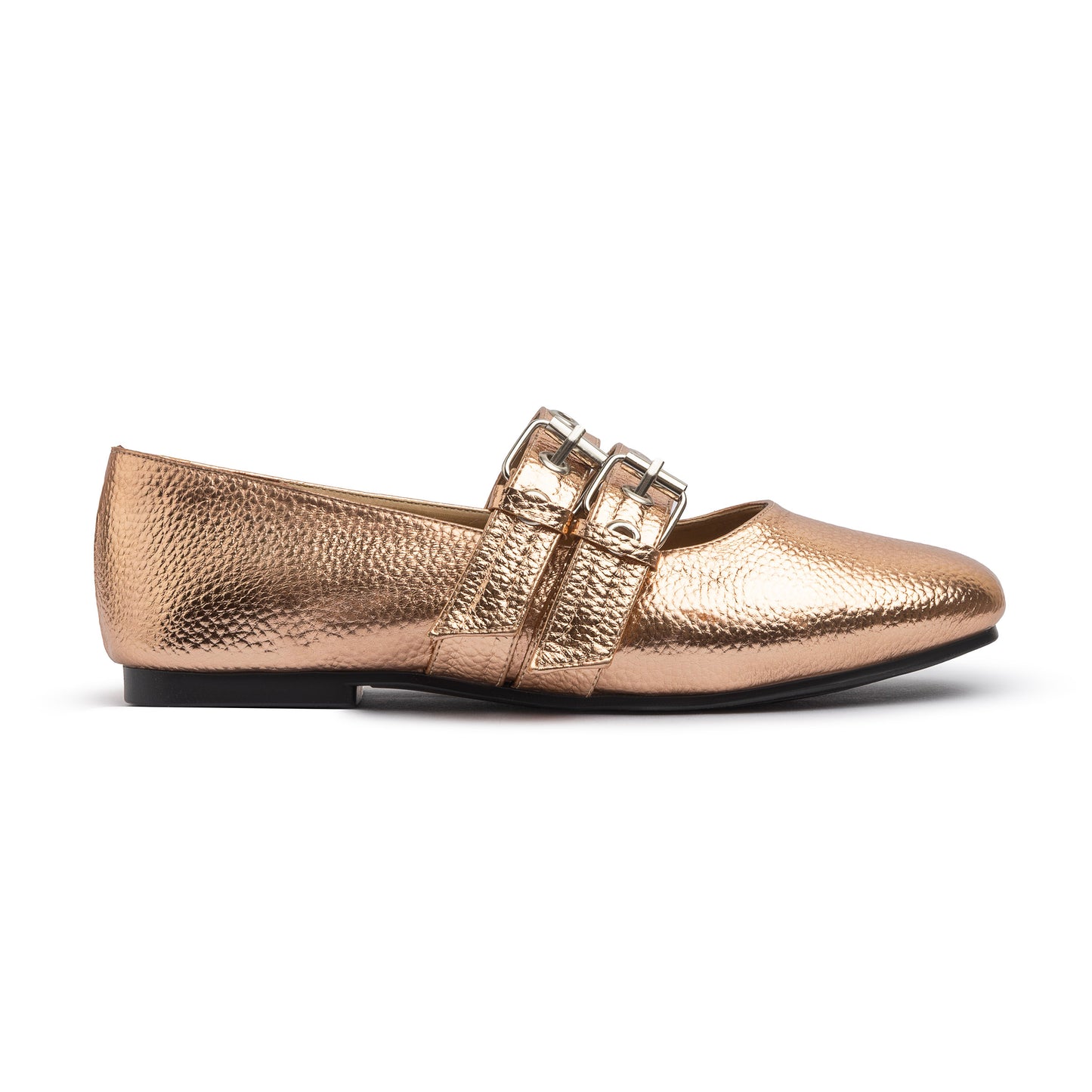 Double Belt Flat Mary Janes Pebbled Metallic In Rose Gold