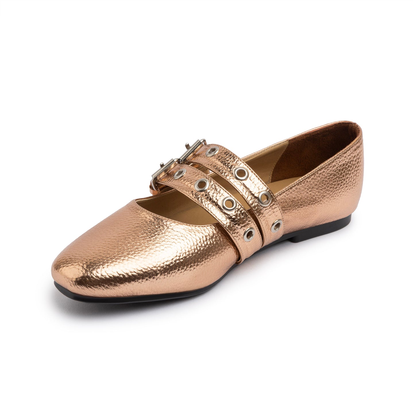 Double Belt Flat Mary Janes Pebbled Metallic In Rose Gold