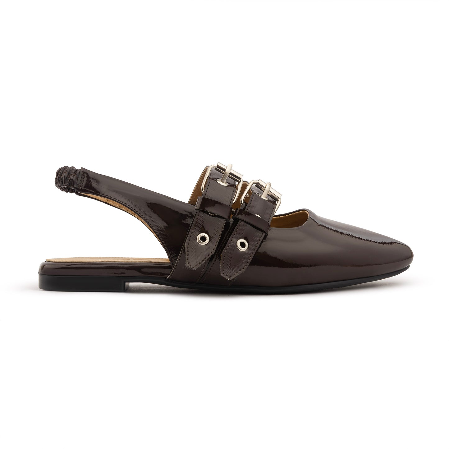 Double Belt Flat Slingbacks Vernis In Brown