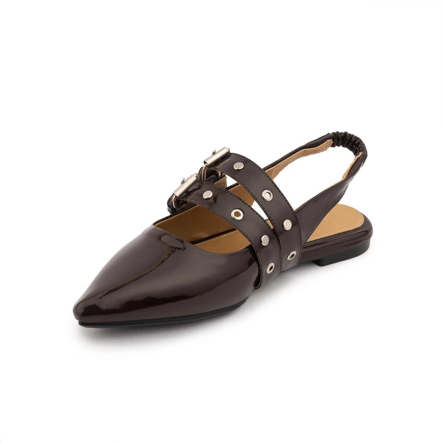 Double Belt Flat Slingbacks Vernis In Brown