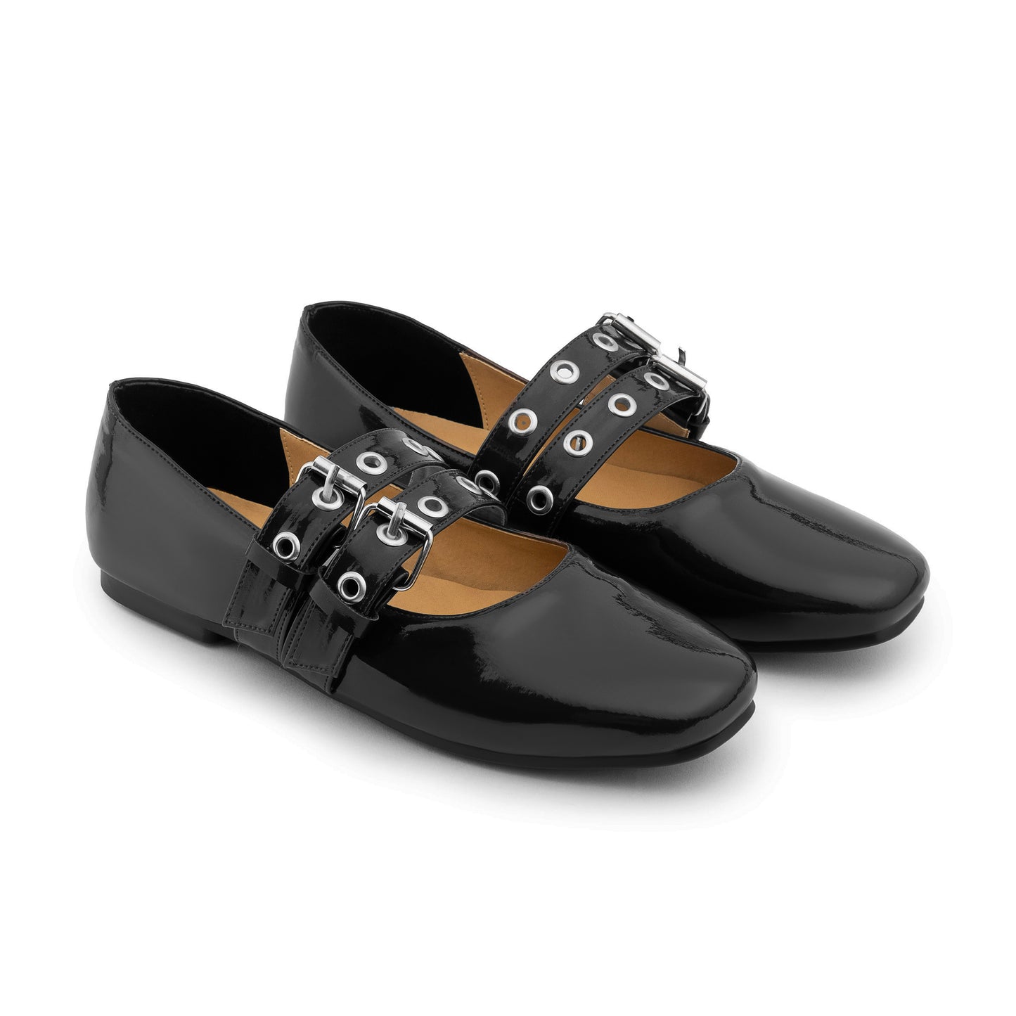Double Belt Flat Mary Janes Vernis In Black