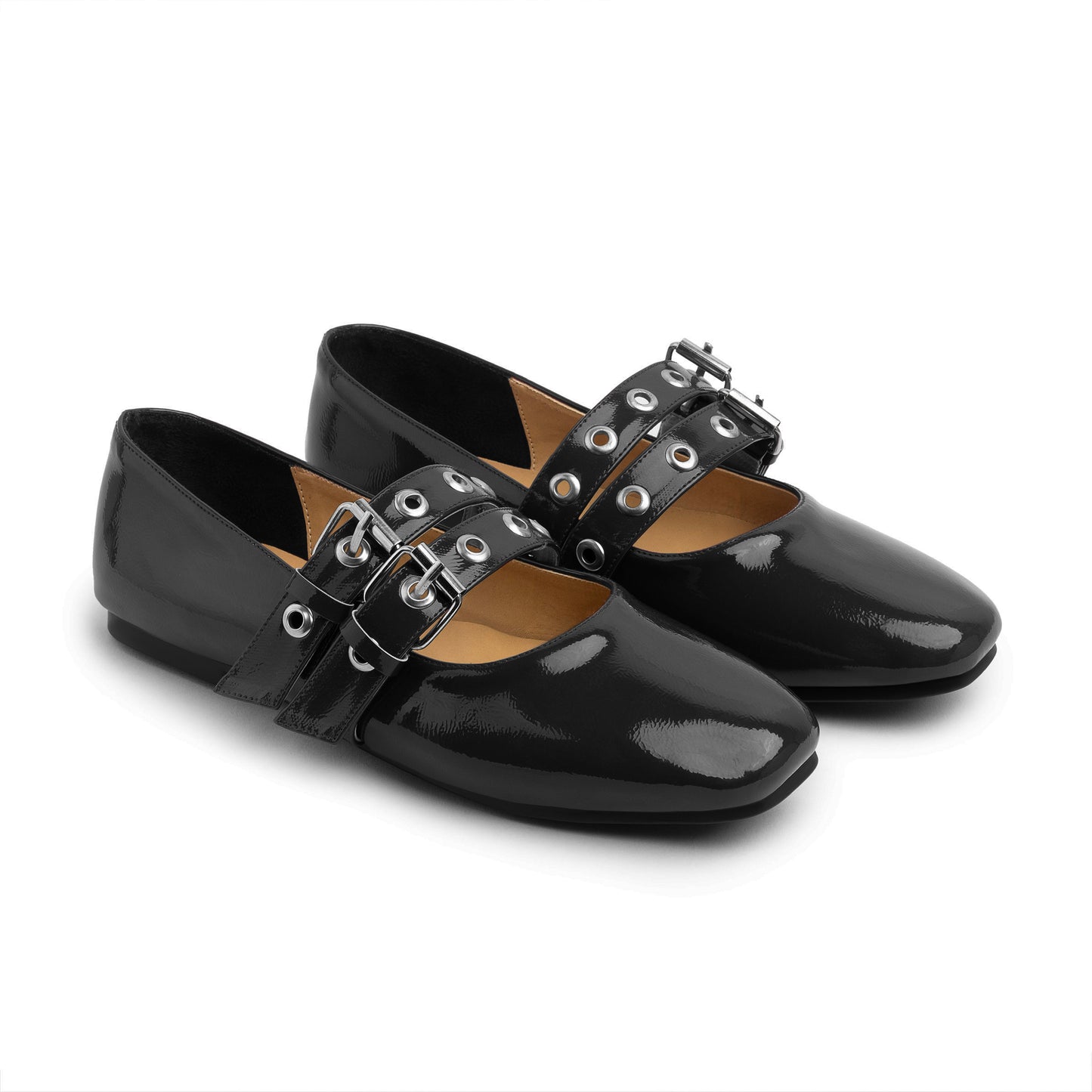 Double Belt Flat Mary Janes Glazed Leather In Black