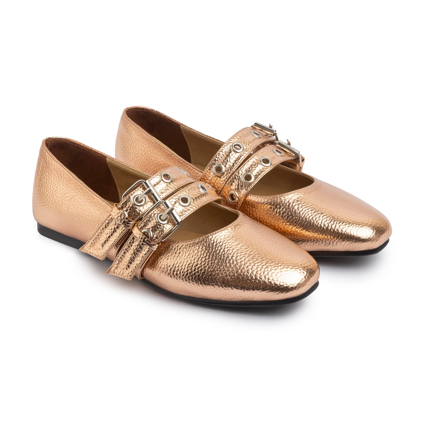 Double Belt Flat Mary Janes Pebbled Metallic In Rose Gold