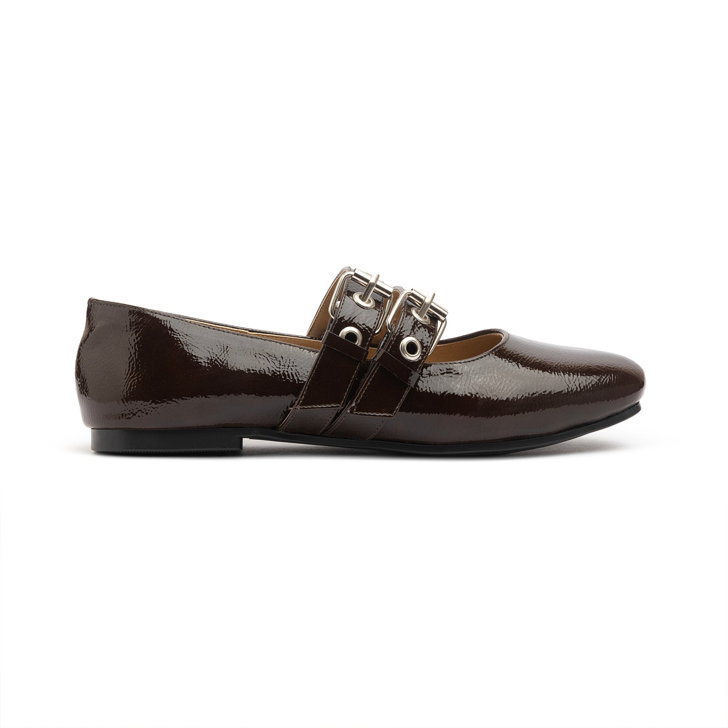 Double Belt Flat Mary Janes Glazed Leather In Brown