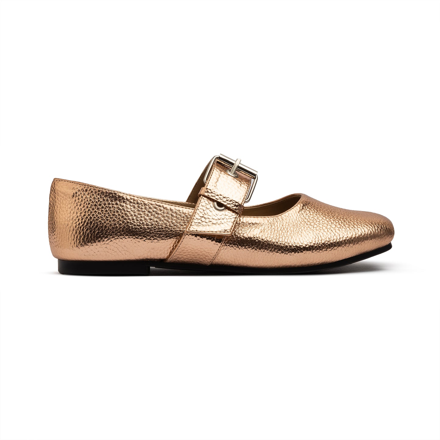 Belt Flat Mary Janes Pebbled Metallic In Rose Gold