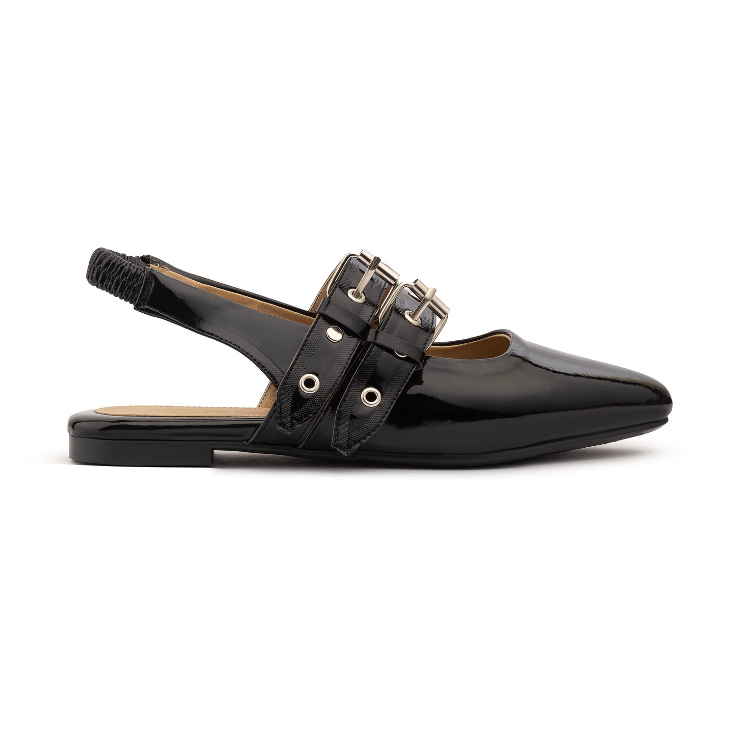 Double Belt Flat Slingbacks Vernis In Black