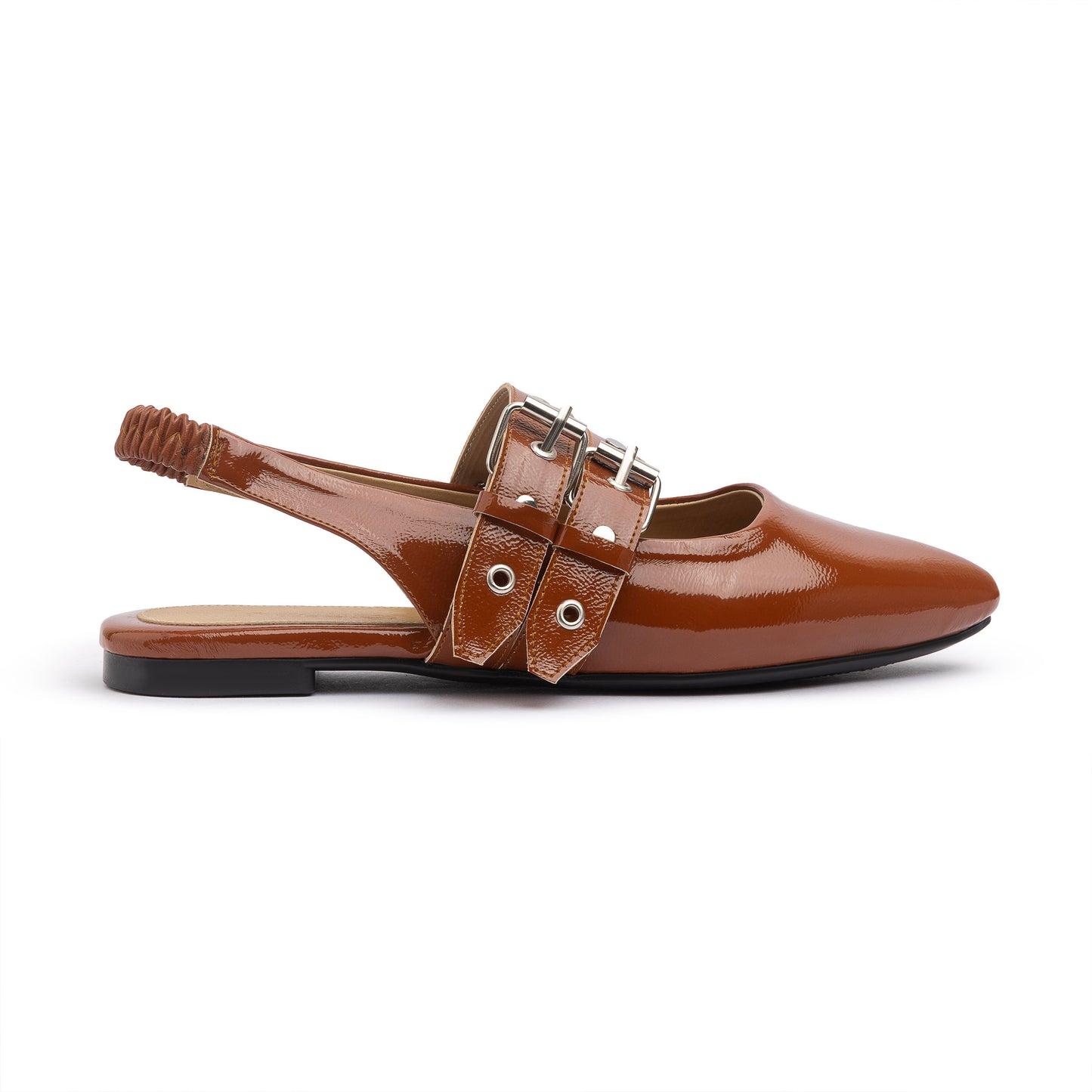 Double Belt Flat Slingbacks Glazed Leather