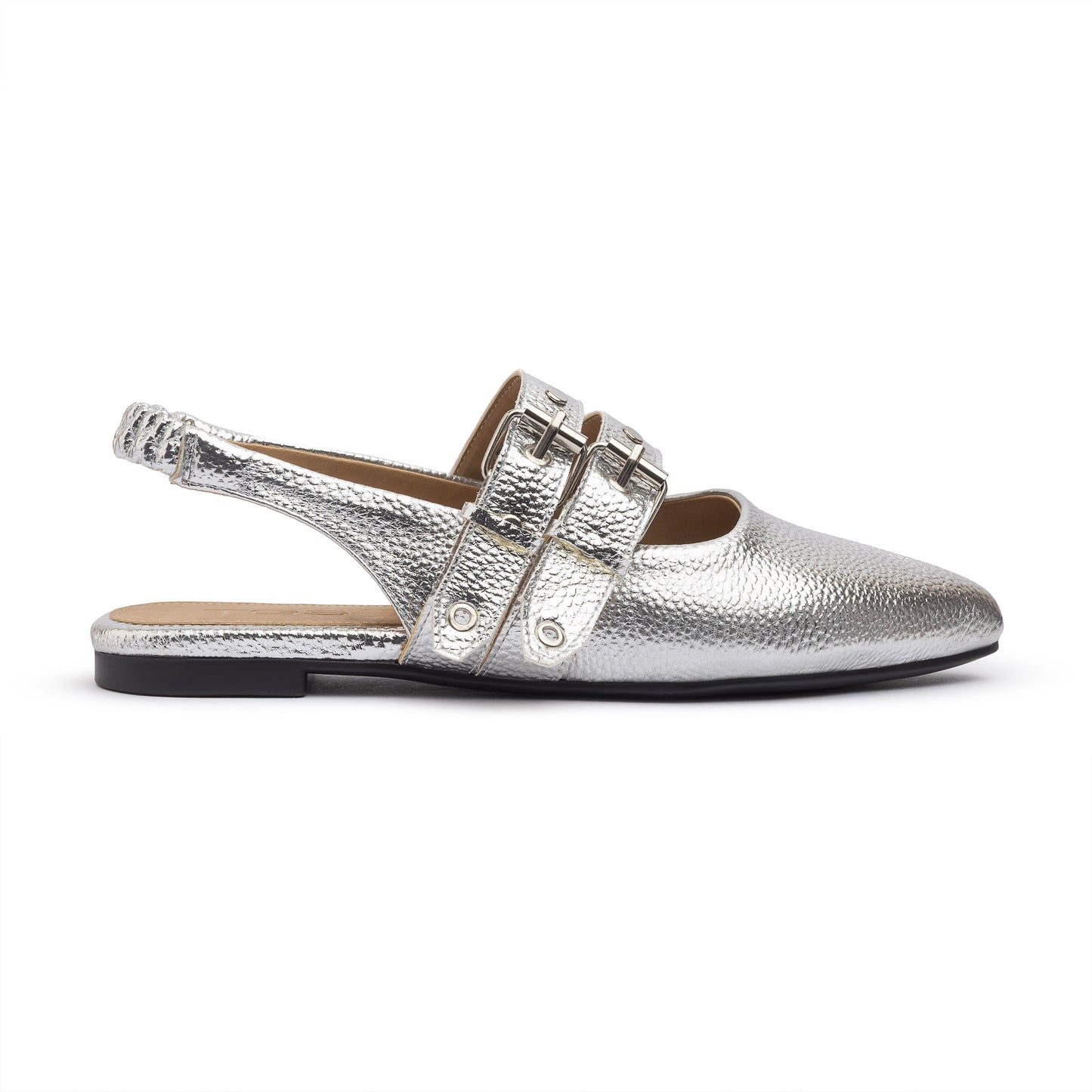 Double Belt Flat Slingbacks Pebbled Metallic In Silver