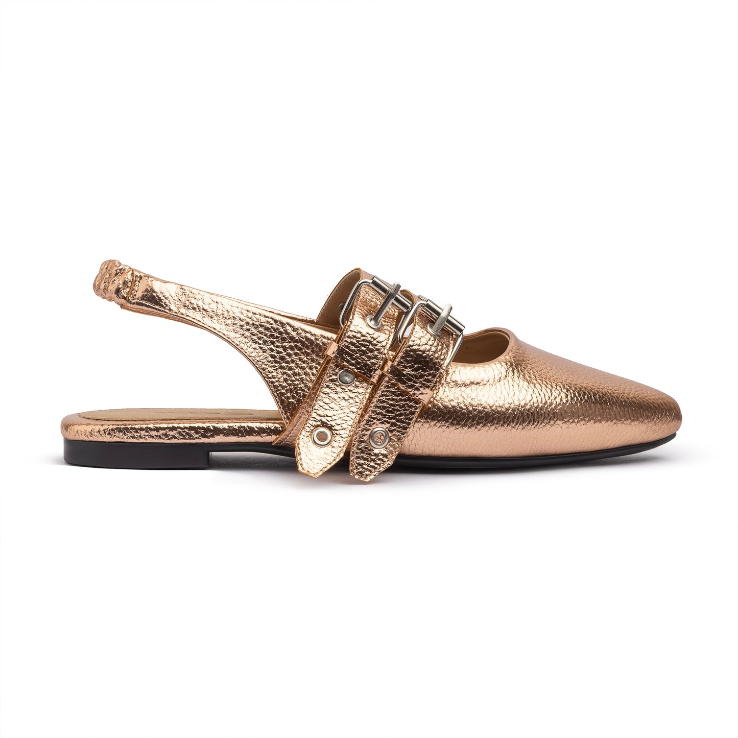Double Belt Flat Slingbacks Pebbled Metallic In Rose Gold