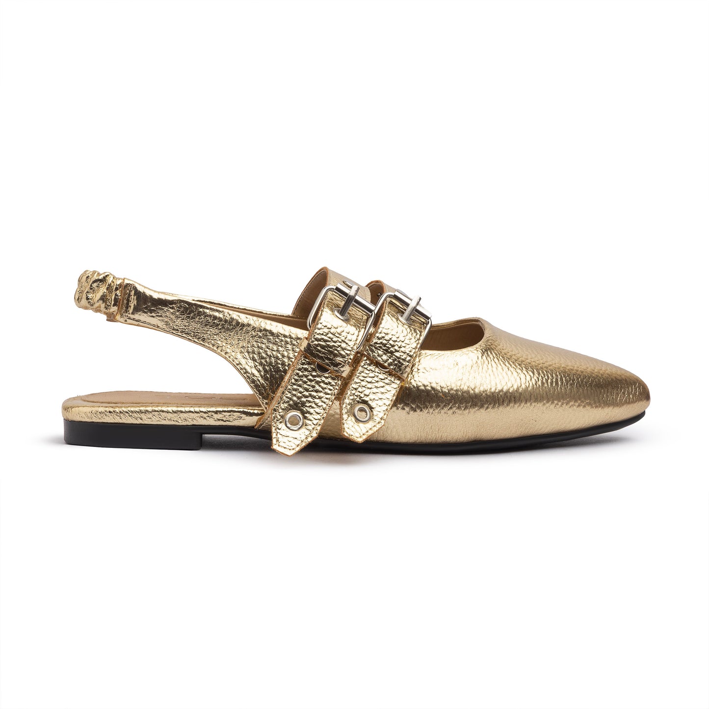 Double Belt Flat Slingbacks Pebbled Metallic In Gold