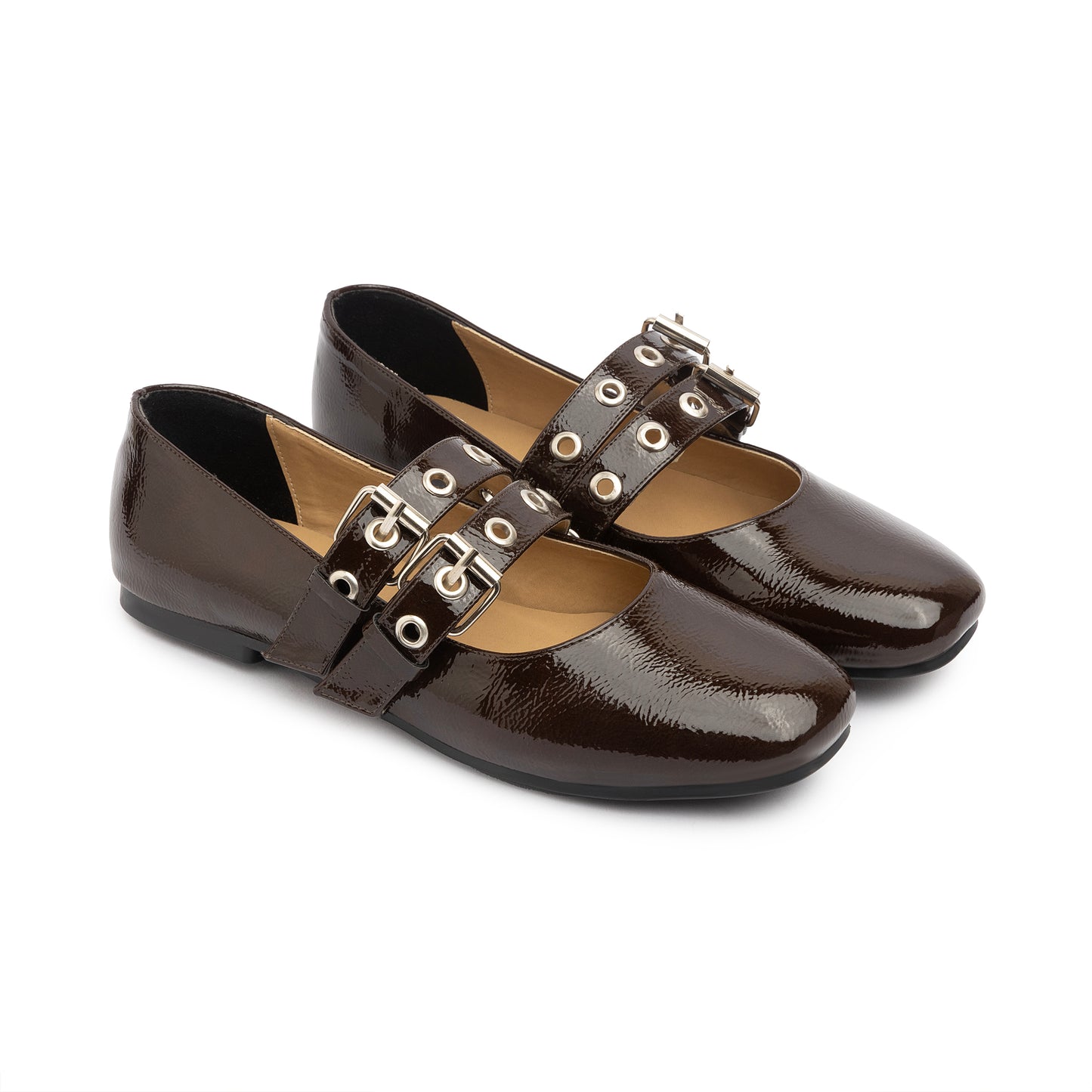 Double Belt Flat Mary Janes Glazed Leather In Brown