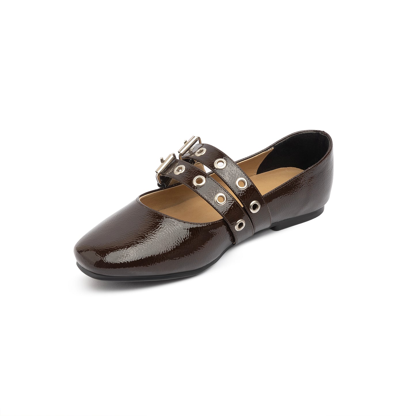 Double Belt Flat Mary Janes Glazed Leather In Brown
