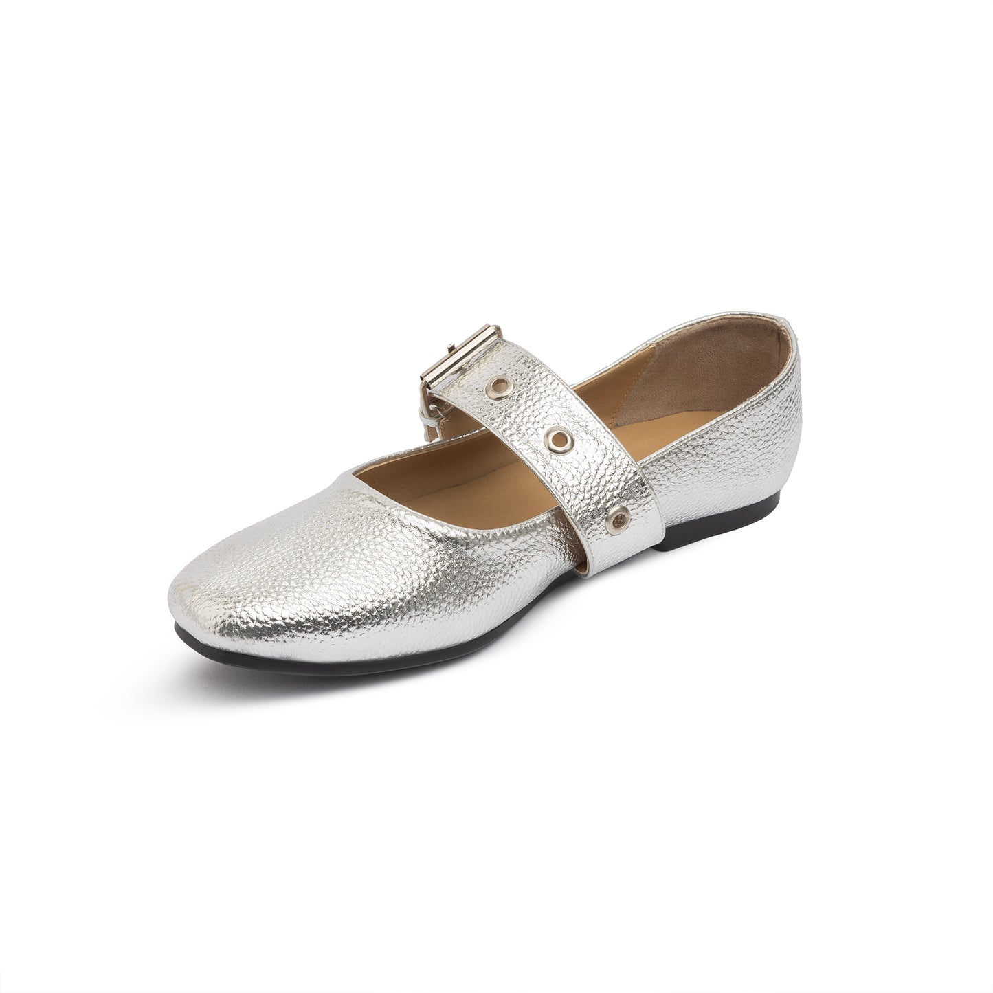 Belt Flat Mary Janes Pebbled Metallic In Silver
