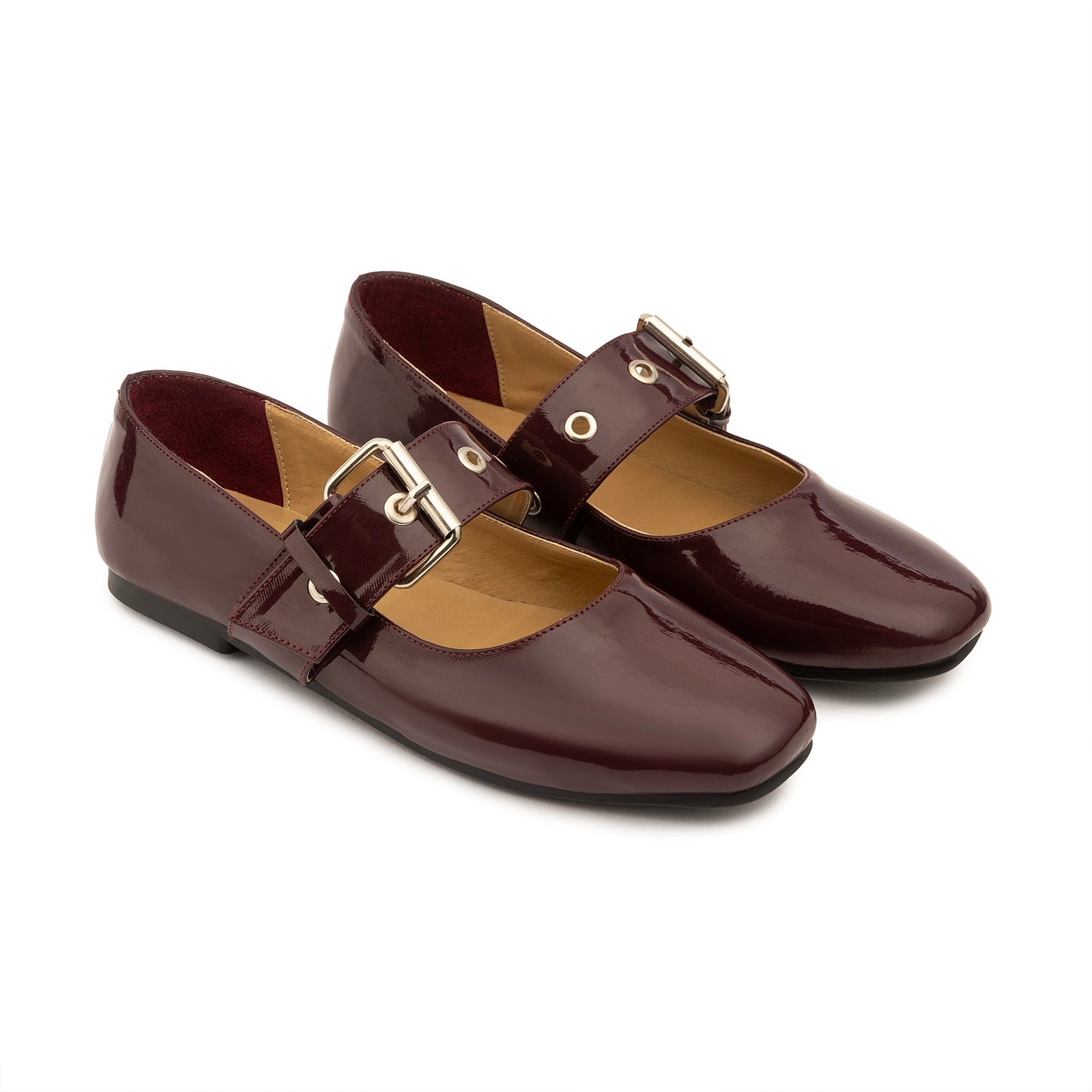 Belt Flat Mary Janes Vernis In Burgundy