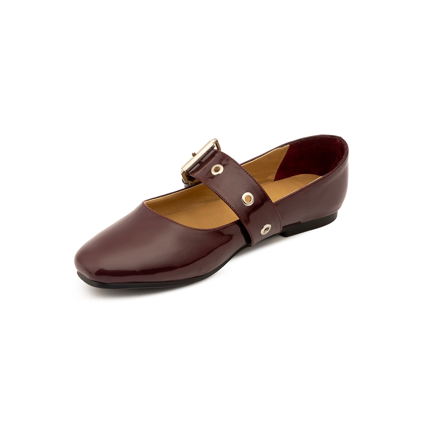 Belt Flat Mary Janes Vernis In Burgundy