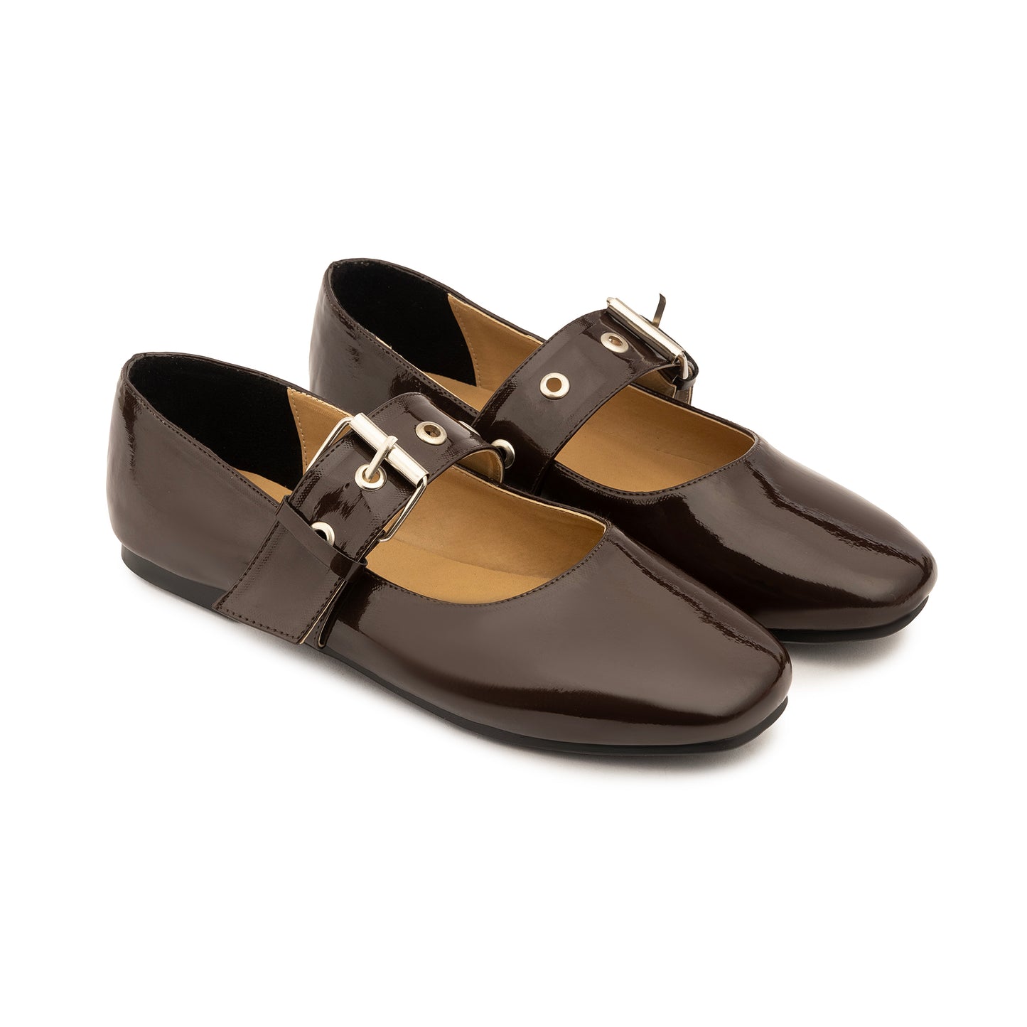 Belt Flat Mary Janes Vernis In Brown