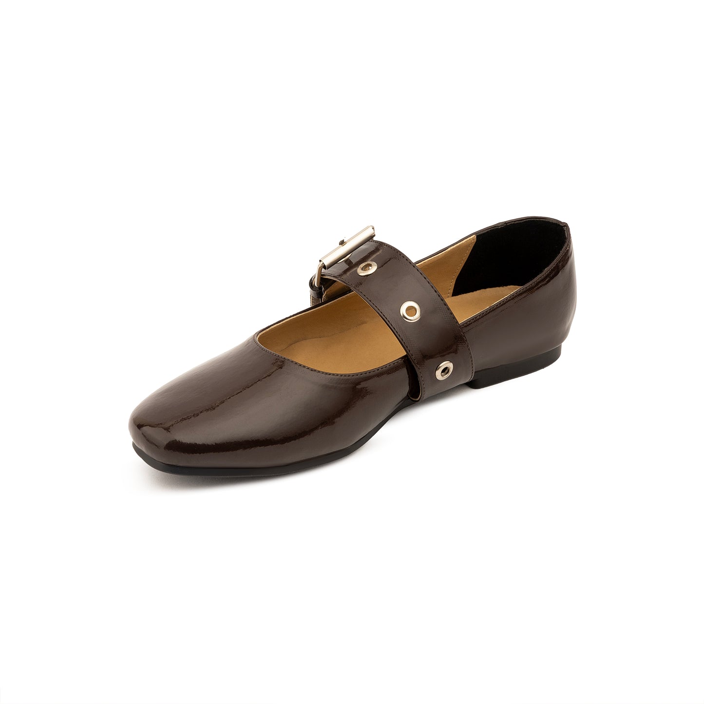 Belt Flat Mary Janes Vernis In Brown