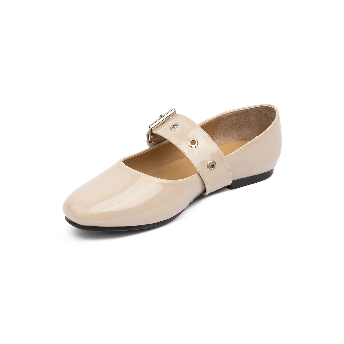 Belt Flat Mary Janes Vernis In Dark Beige