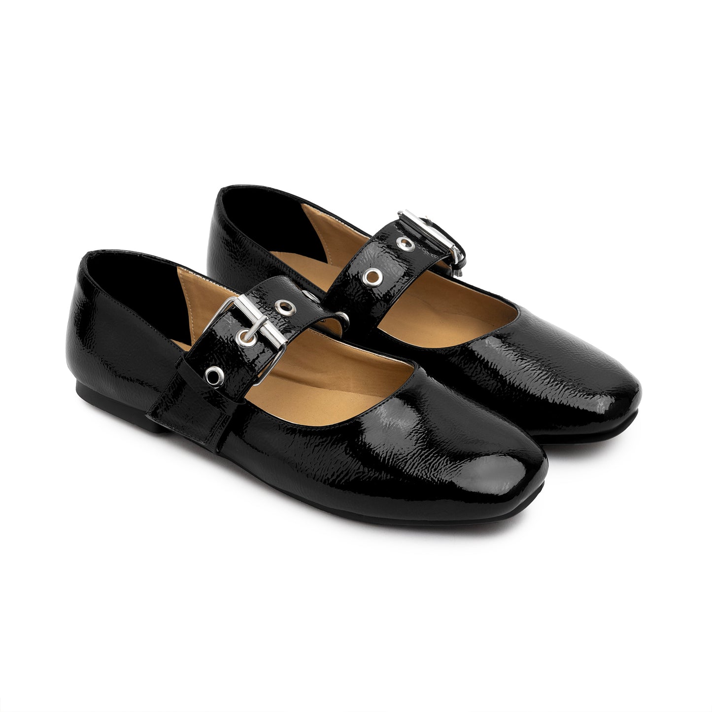 Belt Flat Mary Janes Glazed Leather In Black