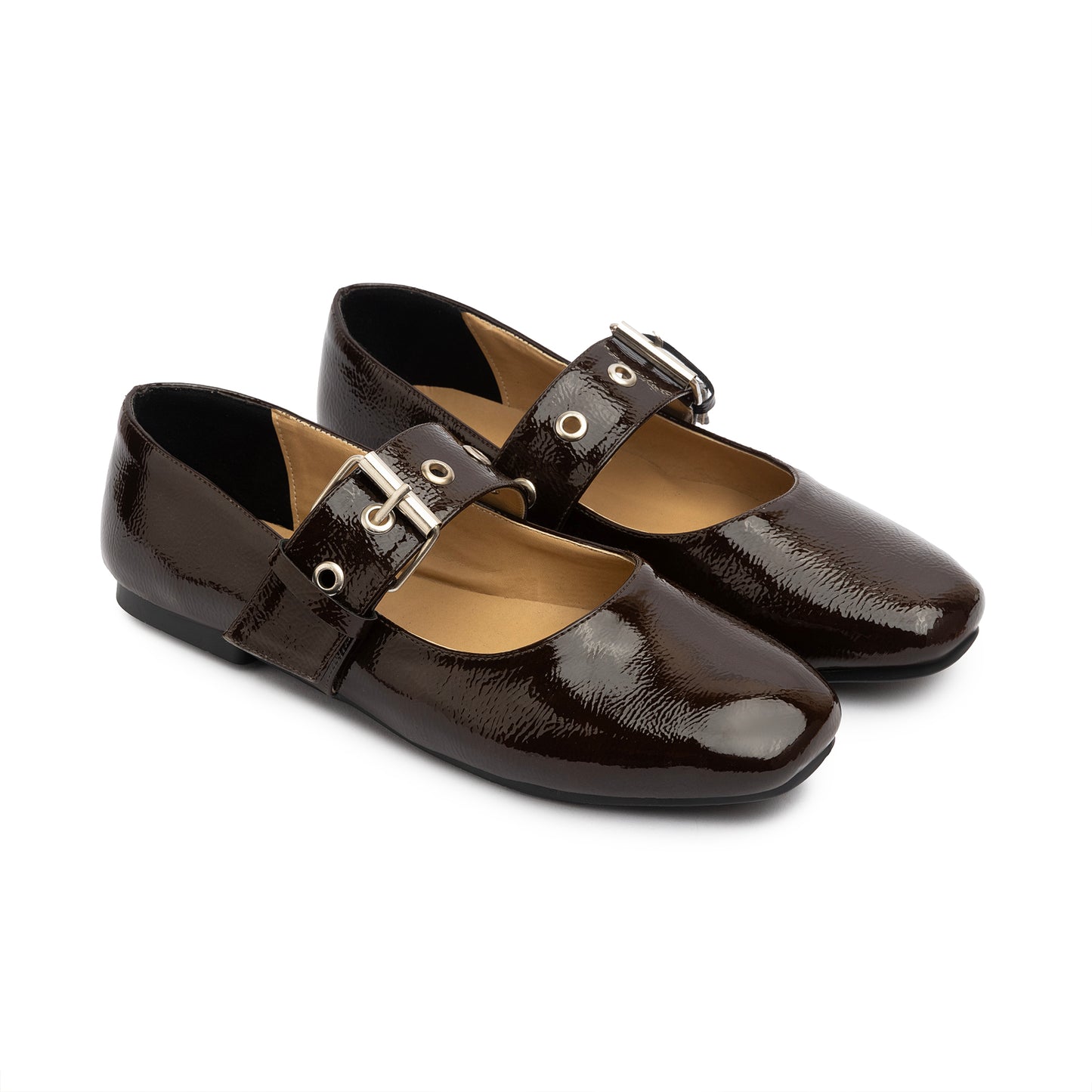 Belt Flat Mary Janes Glazed Leather In Brown
